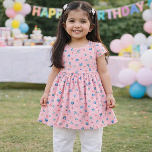 P&P - Short Sleeve - Frock - Pink - Colorful Flowers