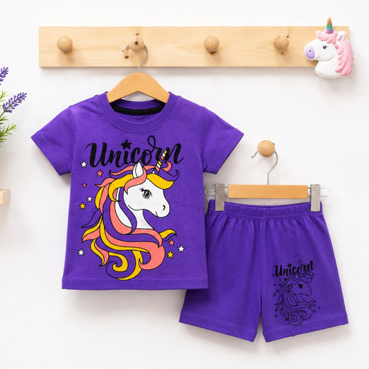 Cotton Jersey T-Shirt & Shorts - Purple - Unicorn
