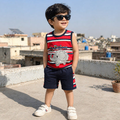 Cotton Jersey - Sando & Short - Red & Navy - Elephant