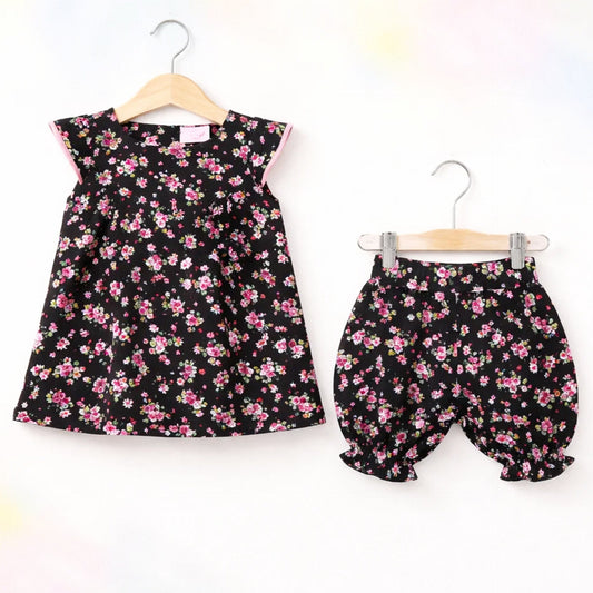 PR - 3 Pieces - Frock Set - Black - White Flowers