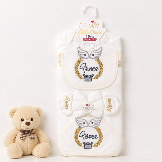 Newborn 10 Piece Fleece Starter Set Prince White | Soft Winter Baby Clothing Set | 0+ Months
