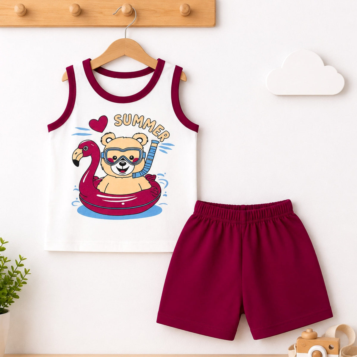 Cotton Jersey Sando & Short - Dark Pink - Summer