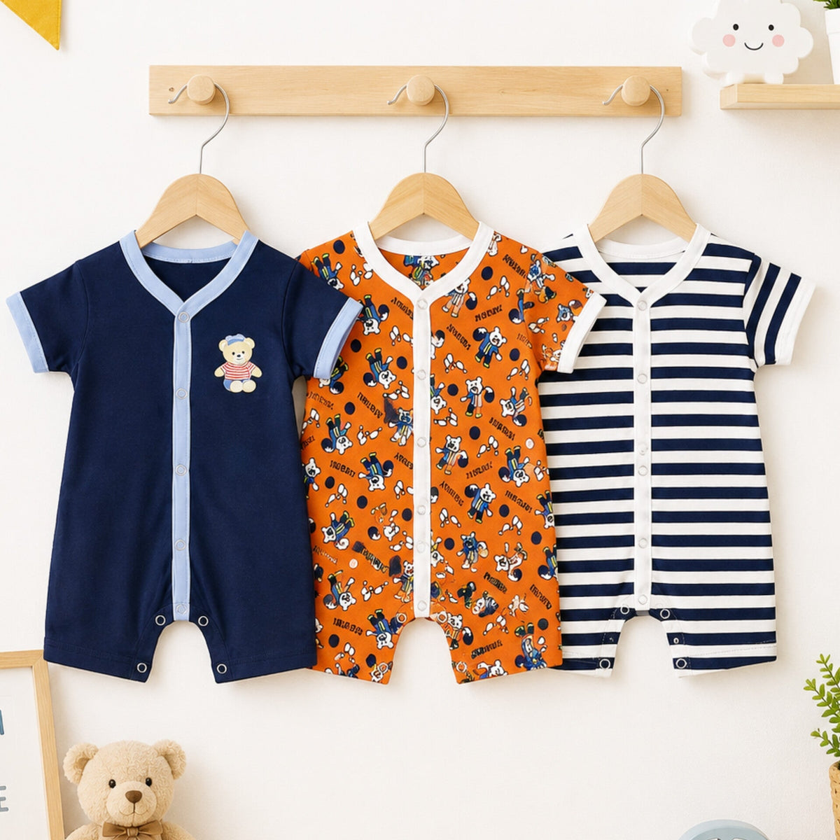 LO - Cotton Jersey - Pack of 3 - Short Leg Rompers - Navy & Orange - Stripes & Thursday