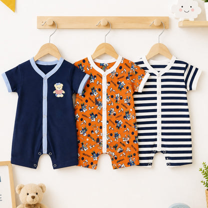 LO - Cotton Jersey - Pack of 3 - Short Leg Rompers - Navy & Orange - Stripes & Thursday