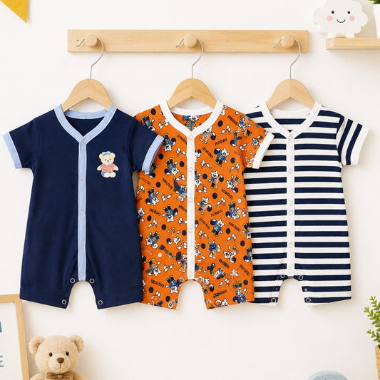 LO - Cotton Jersey - Pack of 3 - Short Leg Rompers - Navy & Orange - Stripes & Thursday